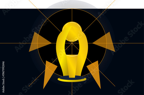 Hand-drawn minimalist gold trophy award concept featuring geometric shapes and radiant lines on a dark blue authentic illustration