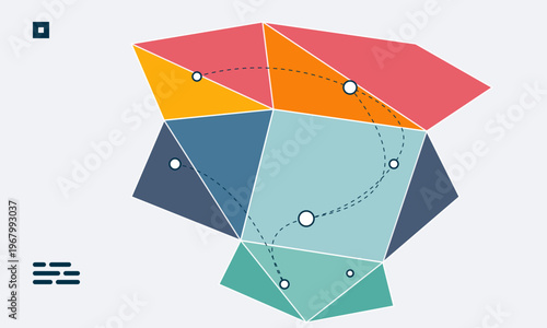 Hand-drawn abstract low-poly geometric map featuring colorful polygonal shapes connected by dashed paths with white circular authentic illustration