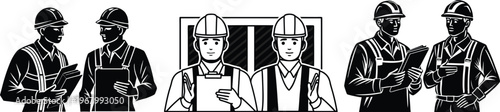 Construction Workers Line Art Set with Engineers and Builders. Builder and Engineer Outline Characters Industrial Workforce Illustration.