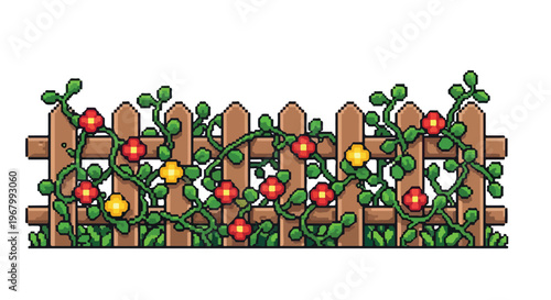 A pixel art illustration shows a brown wooden picket fence entwined with green vines bearing vibrant red and yellow blooming flowers.