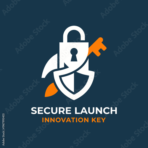 The image depicts a secure launch logo featuring a key lock and rocket icon, symbolizing innovation, security, and technological advancement in a sleek modern design.