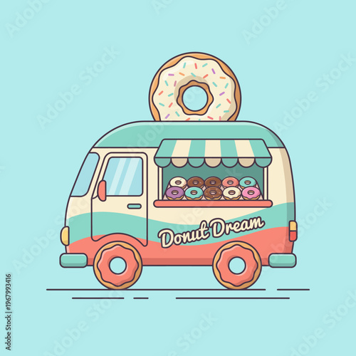 A vibrant donut truck with a large donut topping, showcasing various donut flavors, brings joy and sweetness to food lovers in a playful and whimsical setting.