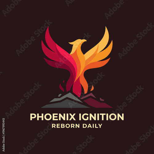 The image showcases a stunning phoenix rising from a volcanic landscape, symbolizing rebirth and renewal with vibrant colors and dynamic shapes, conveying a sense of strength.