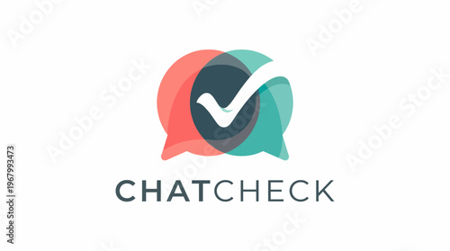 This sleek logo design features overlapping speech bubbles with a checkmark, emphasizing communication, verification, and modern chat technologies in a visually appealing way.