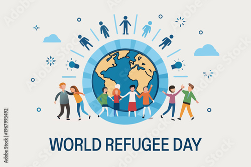 A diverse group of people surround the earth celebrating world refugee day with unity high quality