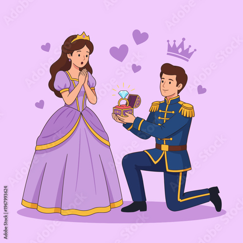 A romantic illustration of a prince proposing to a princess, conveying love, admiration, and commitment in a fairy tale-like atmosphere, perfect for wedding themes.