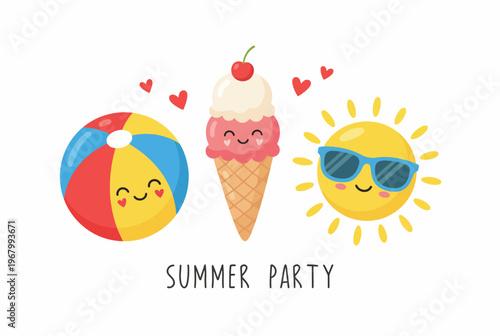 Celebrate summer with this vibrant illustration featuring a beach ball, ice cream cone, and cheerful sun, perfect for evoking joy and leisurely fun in the sun.