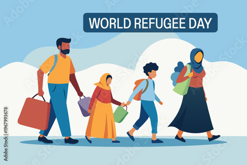 A diverse family of refugees walks forward symbolizing hope and the need for global support