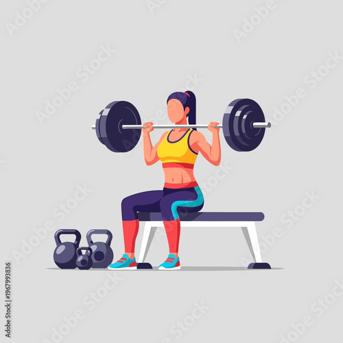 Woman lifting barbell on bench press in gym, strength training, fitness workout