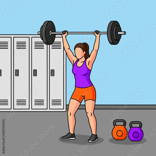 Woman lifting barbell overhead in gym locker room with kettlebells