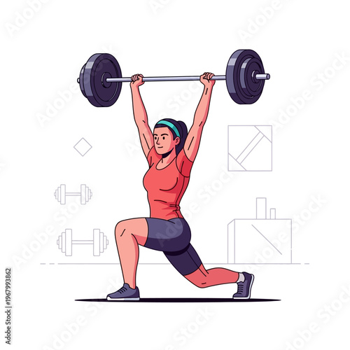 Woman lifting barbell overhead in lunge position, fitness and strength training