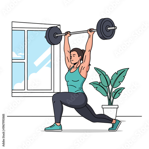 Woman lifting barbell overhead in lunge position, home gym workout