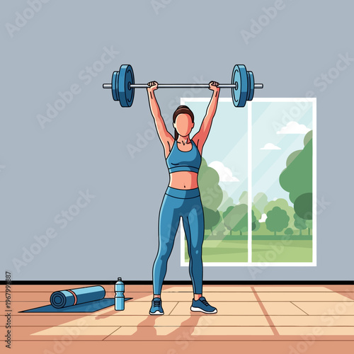 Woman lifting barbell overhead in gym, fitness and strength training