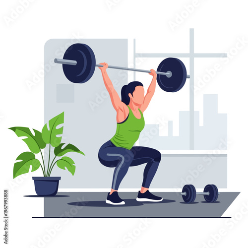 Woman lifting barbell overhead in squat position, fitness and strength training