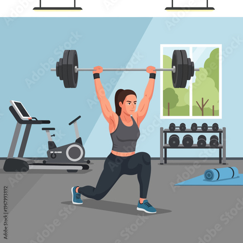 Woman lifting heavy barbell in gym, fitness and strength training