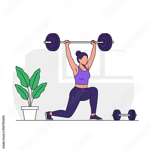 Woman lifting barbell overhead in lunge position, fitness and workout concept