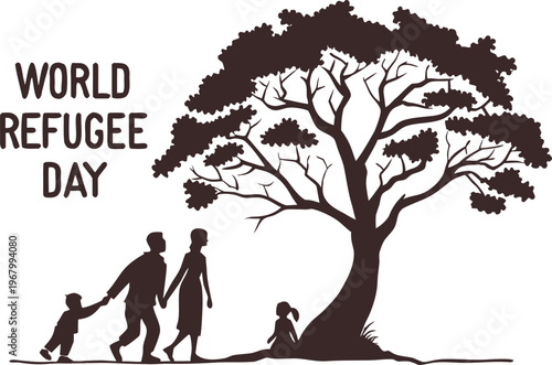A silhouette of a family walking towards a tree with world refugee day text above
