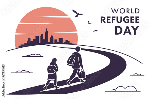 A stylized illustration depicts refugees walking towards a city skyline under a setting sun high quality