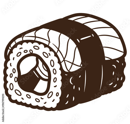 Artistic illustration of a freshly prepared salmon sushi roll on a white background