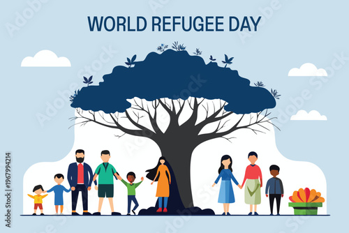 Illustration depicting world refugee day with diverse people gathered beneath a symbolic tree high quality professional