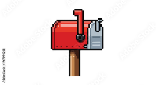 This pixel-art illustration features a classic red mailbox with a raised flag and a gray front, mounted on a sturdy brown wooden post.
