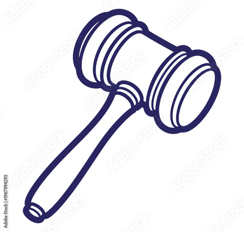 Blue outlined auctioneer gavel illustration depicting justice and legal proceedings on white