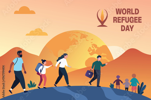 A diverse group walks towards a glowing earth celebrating world refugee day with hope high quality