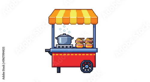 A colorful pixel art vector showcasing a mobile food stall with a steaming soup pot and multiple noodle bowls prepared under a striped awning.