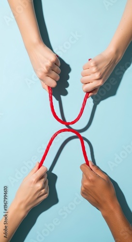 Four hands holding red rubber bands.