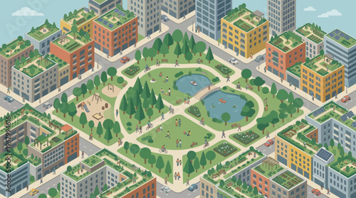 Isometric Sustainable Green City Illustration with Rooftop Gardens, Solar Panels, and Central Urban Park