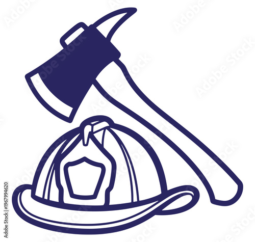 Firefighter helmet and axe illustration simple line art icon for emergency services and protection