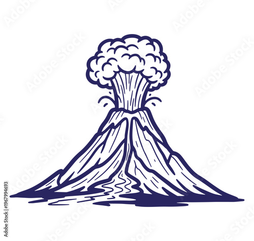 Hand drawn illustration of an erupting volcano with smoke and flowing lava outline design