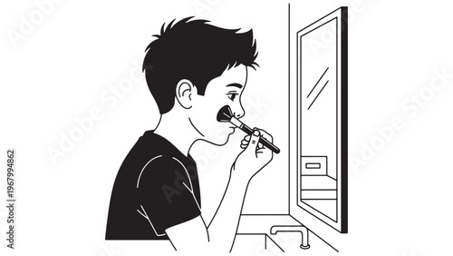 Young man applying face powder with a cosmetic brush in front of a bathroom mirror, black and white line art illustration depicting a daily grooming routine.