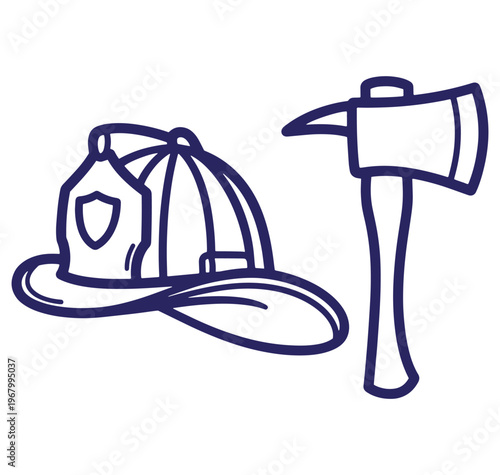 Simple blue outline illustration of a firefighter's helmet and a fire axe