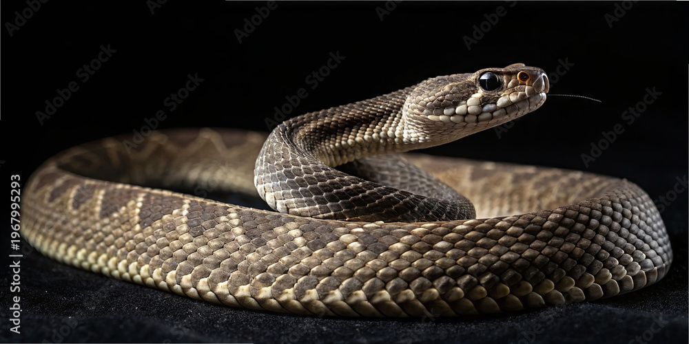 Fototapeta premium A snake is positioned on a black surface, twisting its body and showing its scales. It has a focused gaze and appears alert, with a slight flick of its tongue. The lighting highlights its texture