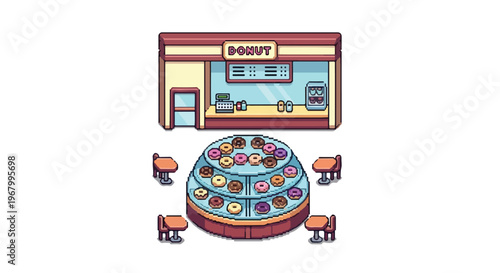 This pixel art vector showcases a charming donut shop with a service counter, a large tiered display of treats, and several small tables for customers.