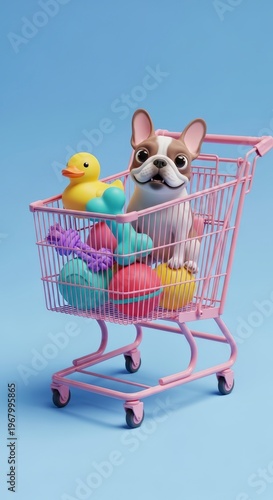 French bulldog in shopping cart toys.