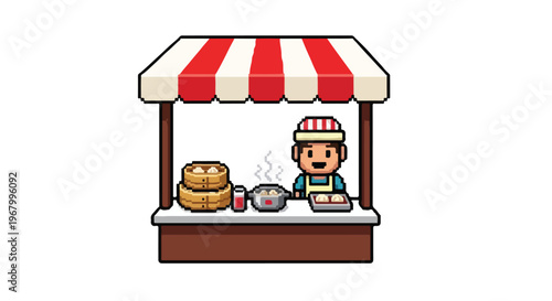 A pixel art illustration of a cheerful street vendor selling steamed dumplings from a red and white striped food stall on a white background.