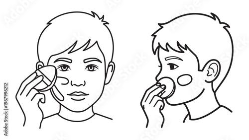 Line Art Illustration of a Young Boy Applying Face Powder or Foundation with a Cosmetic Sponge, Demonstrating a Daily Skincare or Makeup Routine, Isolated on White Background