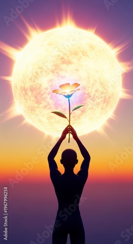 Person holding flower to sun.