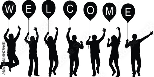 Group of people silhouettes holding balloons spelling welcome, celebrating event greeting concept, happy crowd illustration isolated on white background for party, marketing, and social themes
