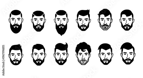 Minimal bearded men face vector icon set hairstyle beard EPS10 isolated