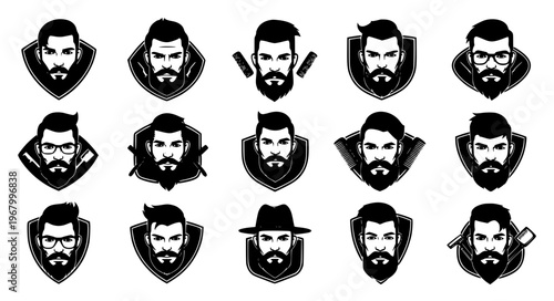 Stylized hipster beard men faces vector illustration set EPS10 isolated on white