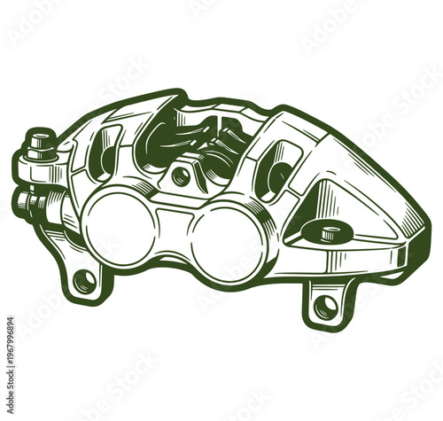 Brake caliper illustration in green and white  motorcycle part