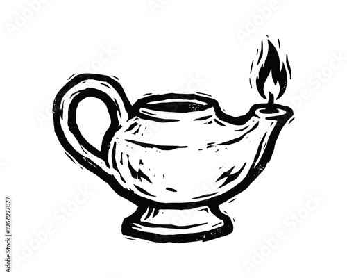 Ancient light source, old oil lamp sketch. traditional illustration with flame element.