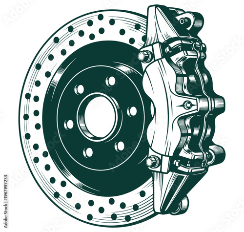 car brake disc and caliper assembly detailed illustration
