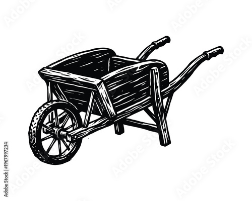 Antique wood barrow sketch. Agricultural hand cart tool. Rustic garden equipment manual transportation.