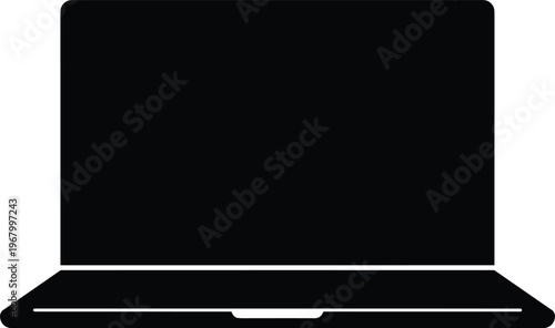 Minimal vector silhouette, modern laptop open front view, thin screen and keyboard base, solid black, isolated on white background.