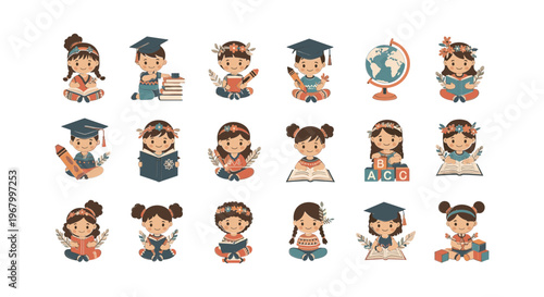 Diverse Cartoon Children in Graduation Caps.