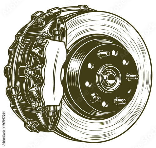 car brake rotor and caliper assembly closeup illustration